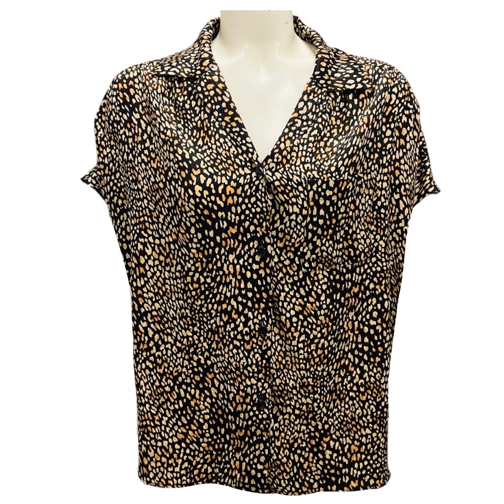CELINE TAN / BLACK LEOPARD PRINTED SILK BLOUSE